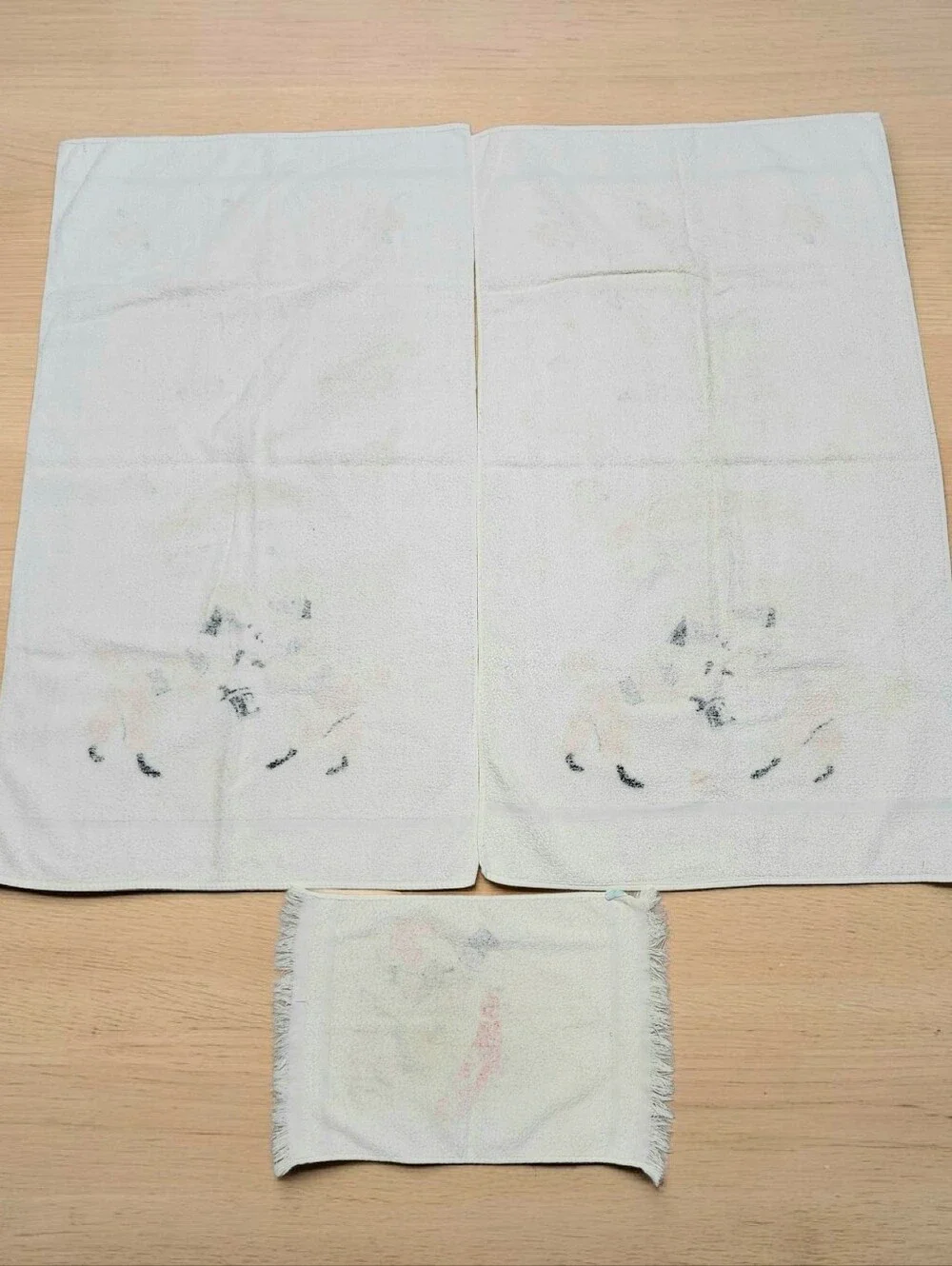 Vintage 50s Cannon French Poodle Roses Towel Set Of 3 Pink White Parasol Cotton